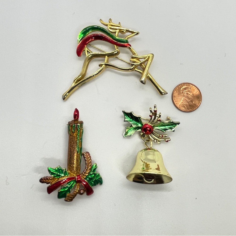 Lot of 3 vintage Christmas brooches pins gold tone reindeer bell candle bundle